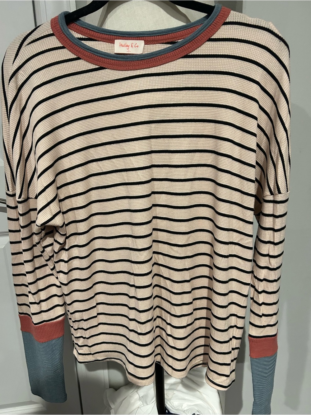Striped Scoop-Neck Sweater in Cream & Black with Rust and Blue Trim